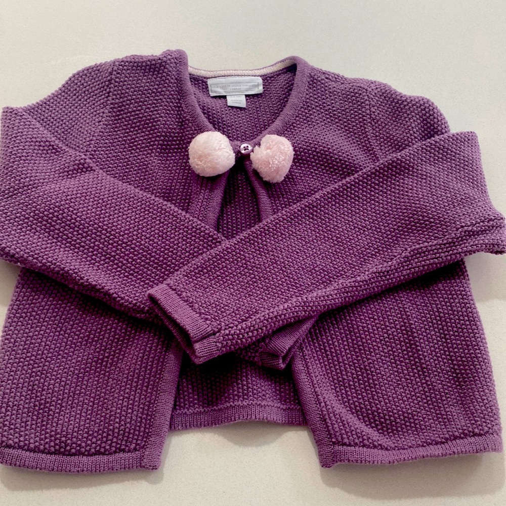 Little white company purple cotton cardigan with pink Pom poms - size 3-4